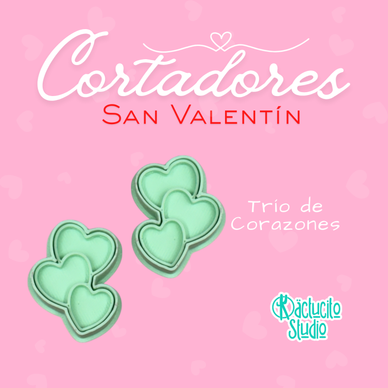 Trío de Corazones Cortadores San Valentín | Kactucito Studio