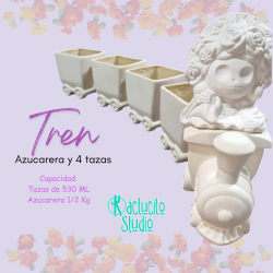 Tren Catrina de cerámica para pintar – 4 tazas y azucarera | Kactucito Studio