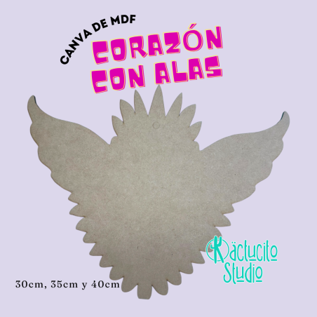Corazón con alas de MDF de 3 mm para decorar | Kactucito Studio