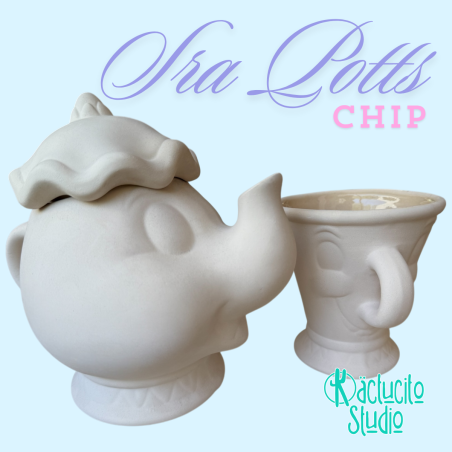 Tetera Sra. Potts + Taza Chip Cerámica para pintar | Kactucito Studio